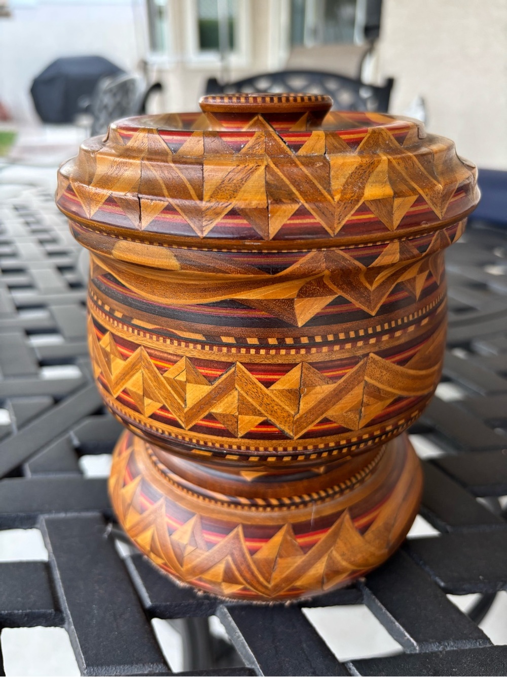 Segmented Handcrafted Carved Wooden Lidded Jar - Warm Brown & Red Accents